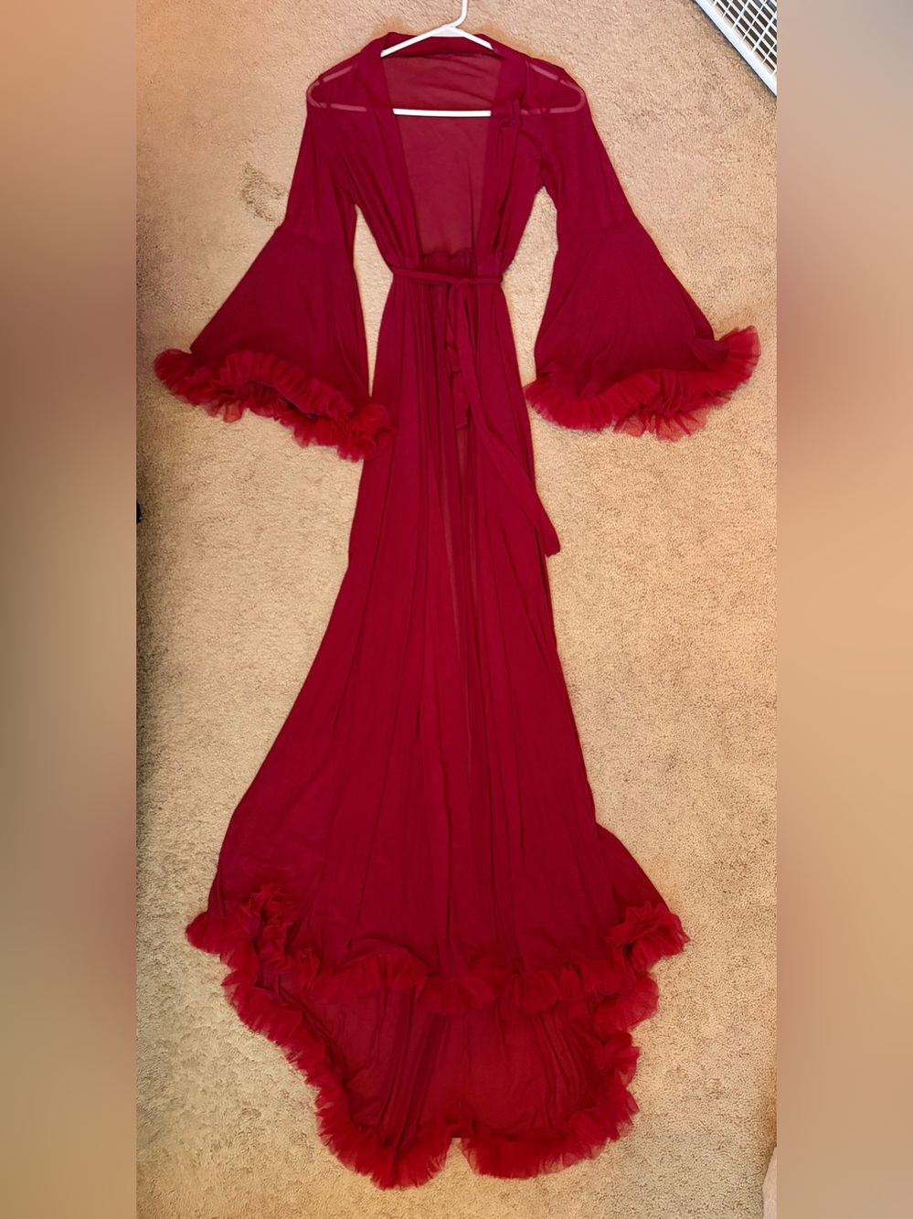 Unique Vintage 1940s Lavish Long Burgundy Sheer Robe Ruffle Trim XS - Picture 2 of 2